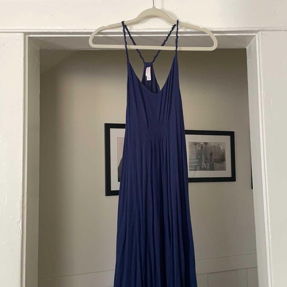 Navy Blue Maxi Dress with Lace Trim